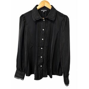 Adrianna Papell Blouse Womens Large Black Pre-owned Lace Pintuck Pearl Button